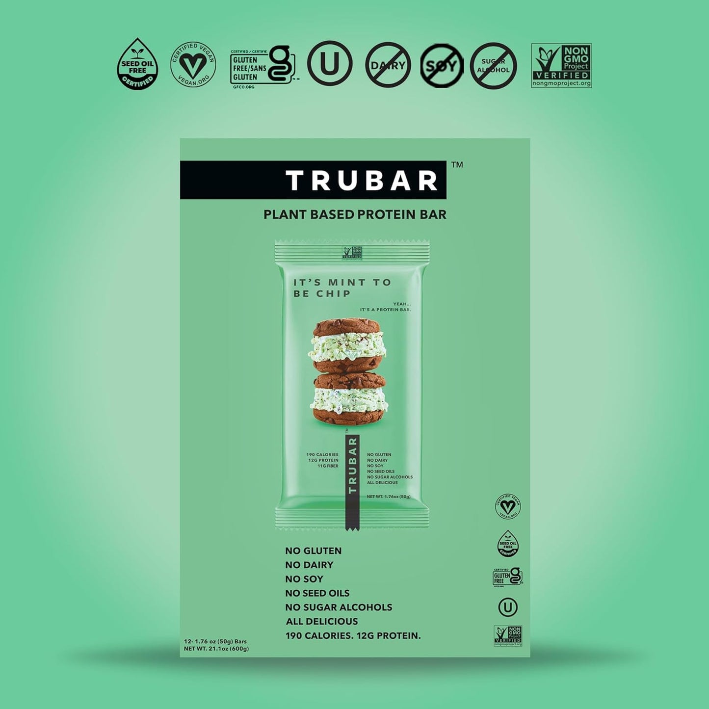 TRUBAR Vegan Protein Bars - Soy Free, Dairy Free, Gluten Free Protein Bars - No Sugar Alcohols - Non-GMO - 12g of Protein - It's Mint To Be Chip - 12 Count
