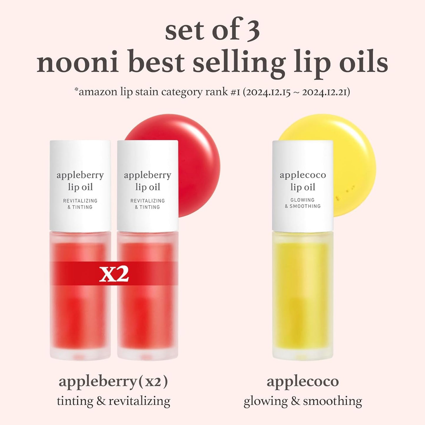 NOONI Korean Lip Oil Gift Set - Appleseed Lip Oil Trio, Tinted Lip Care, Hydrating, Lip Plumping, Long Lasting Moisture, Korean Vegan Makeup for Women, Travel Size, Mini Set, 0.12 Fl Oz x 3ea