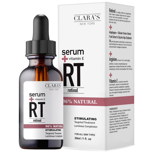 CLARA'S NEW YORK Glycolic Acid Facial Serum with Vitamin E for Exfoliating Smoothing Glowing Face Skin - Made in USA 30ml (1Fl/Oz) (Retinol)