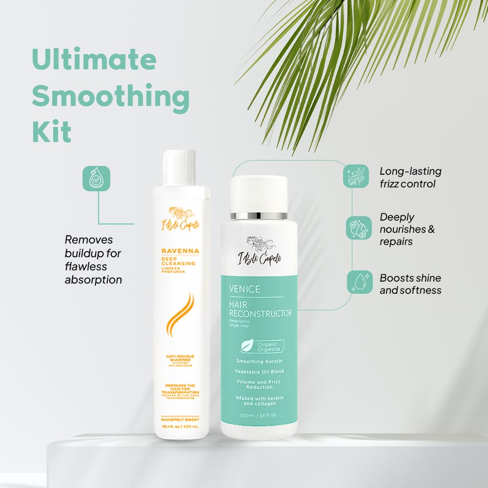 I Belli Capelli Venice Organic Keratin Hair Treatment Straightening, Smoothing Keratin 16.9 fl.oz + Deep Cleansing Shampoo 10 fl.oz- keratina Organica Sin Formol Para Alisar el Pelo - Complete Set