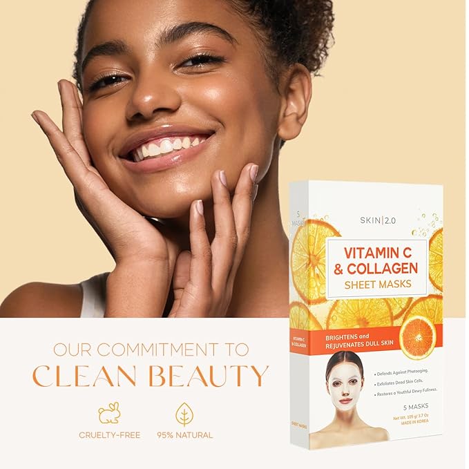 Vitamin C & Collagen Sheet Mask - Anti-Aging, Wrinkle & Age Spot Reducer, Hydrating & Moisturizing - Dermatologist Tested Korean Skincare, Clean Beauty, Cruelty-Free, All Skin Types - 5 Masks