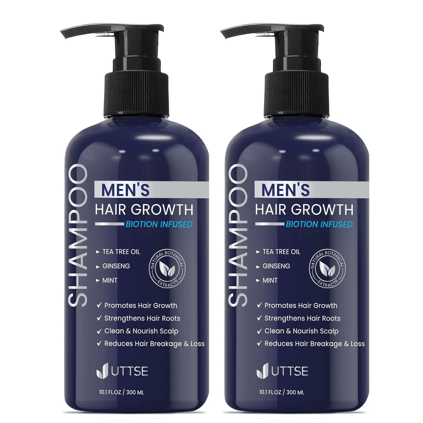 Biotin Hair Growth Shampoo for Men: Natural Thickening Shampoo with Tea Tree Oil Ginseng Mint for Hair Loss and Thinning Hair - 2 Packs