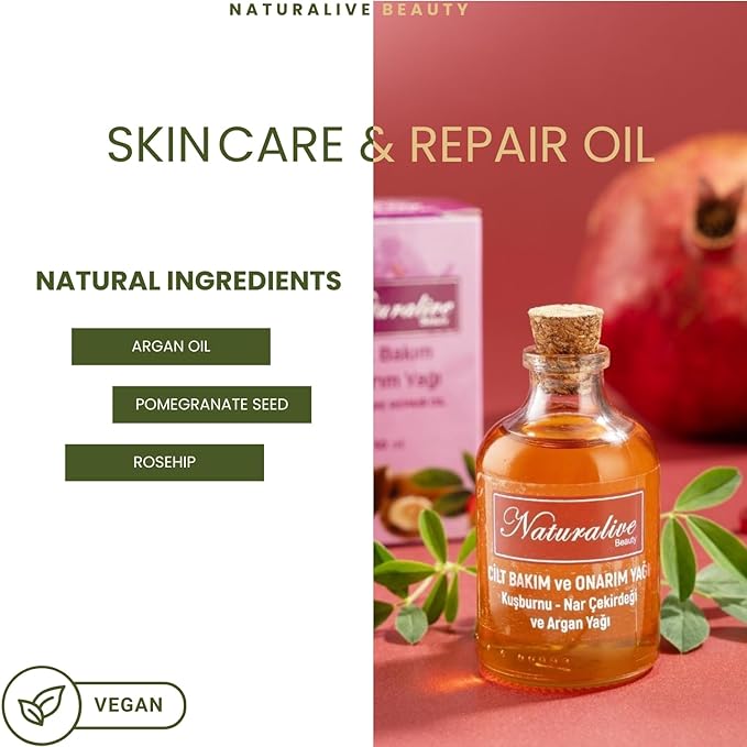 Natural Skin Repair Oil - Moisturizing, Repairing & Revitalizing - With Rosehip, Pomegranate Seed & Argan Oils - Vegan, Chemical-Free - 50ml | 1.69 fl oz