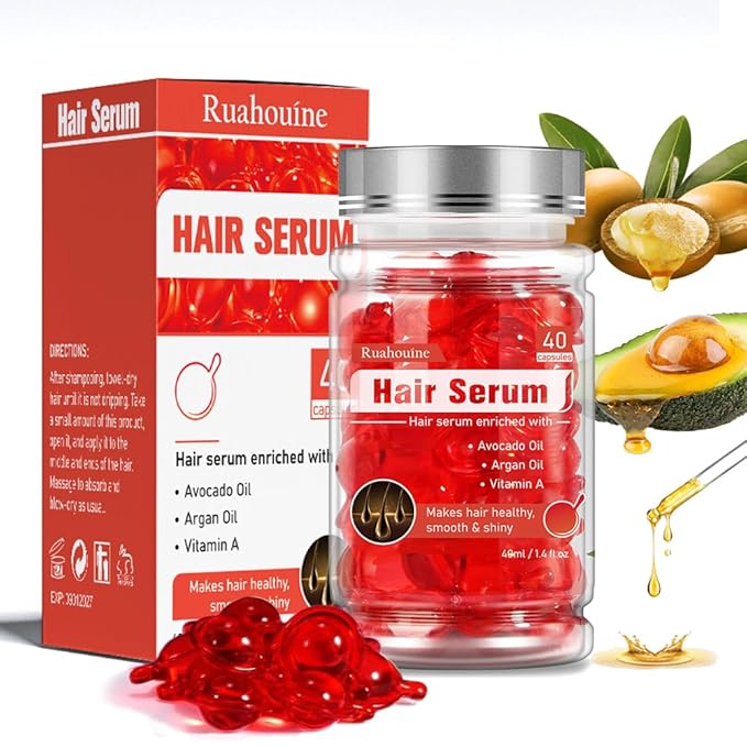 Hair Styling Serum Oil for Frizzy & Dry Hair, Hair Treatment Serum - no Rinse with Argan Macadamia & Avocado Oils - Vitamins A, E, Pro B5 - Conditioner for Women & Men 40 Capsules