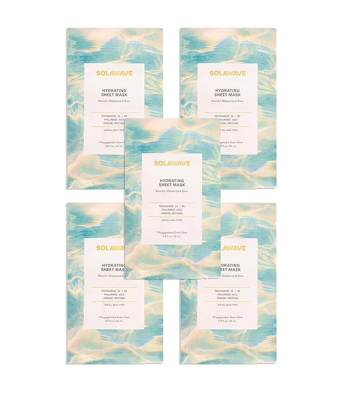 Solawave Hydrating Sheet Mask, Anti Aging Face Mask with Niacinamide, Hydrating Face Mask with Hyaluronic Acid, Moisturizing Face Masks (5 Pack)