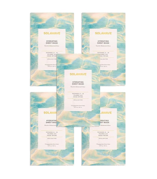 Solawave Hydrating Sheet Mask, Anti Aging Face Mask with Niacinamide, Hydrating Face Mask with Hyaluronic Acid, Moisturizing Face Masks (5 Pack)