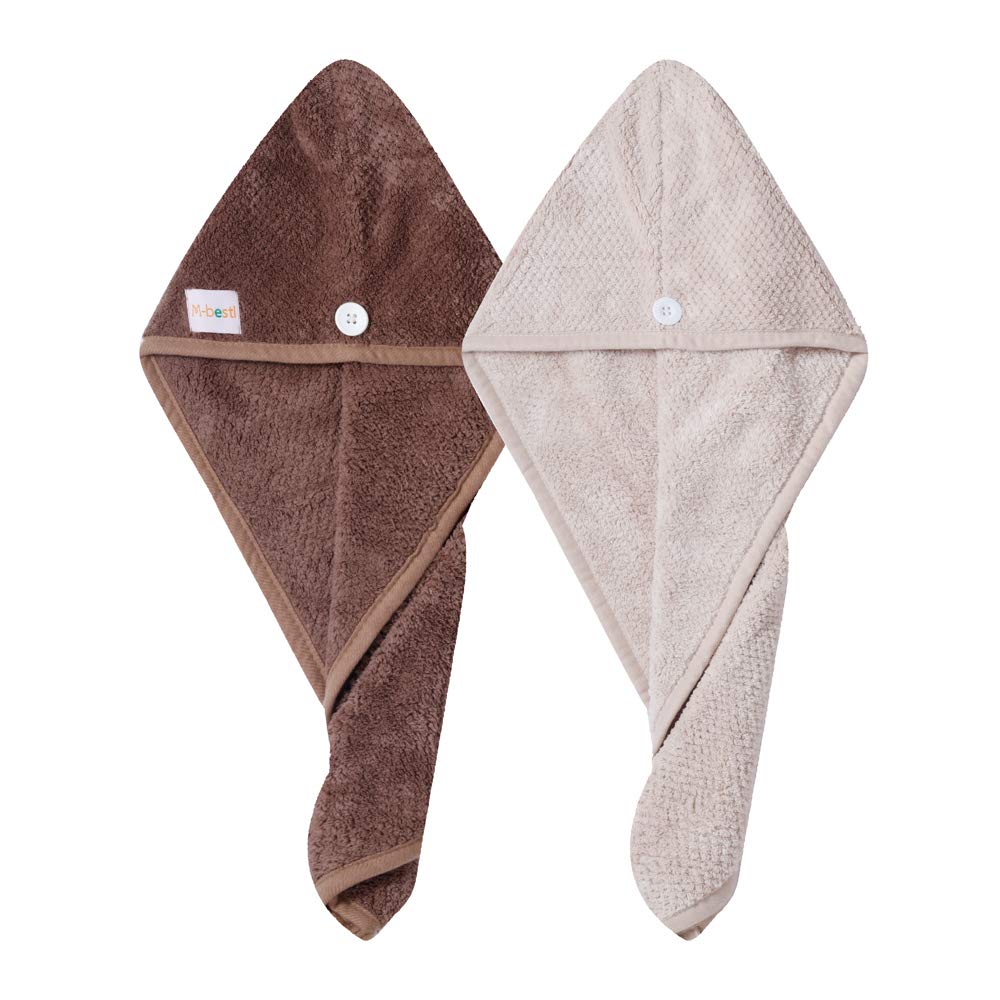 2 Pack Hair Drying Towels,Hair Wrap Towels,Absorbent Microfiber Hair Towel Turban with Button Design to Dry Hair More Quicker（Khaki&Coffee）