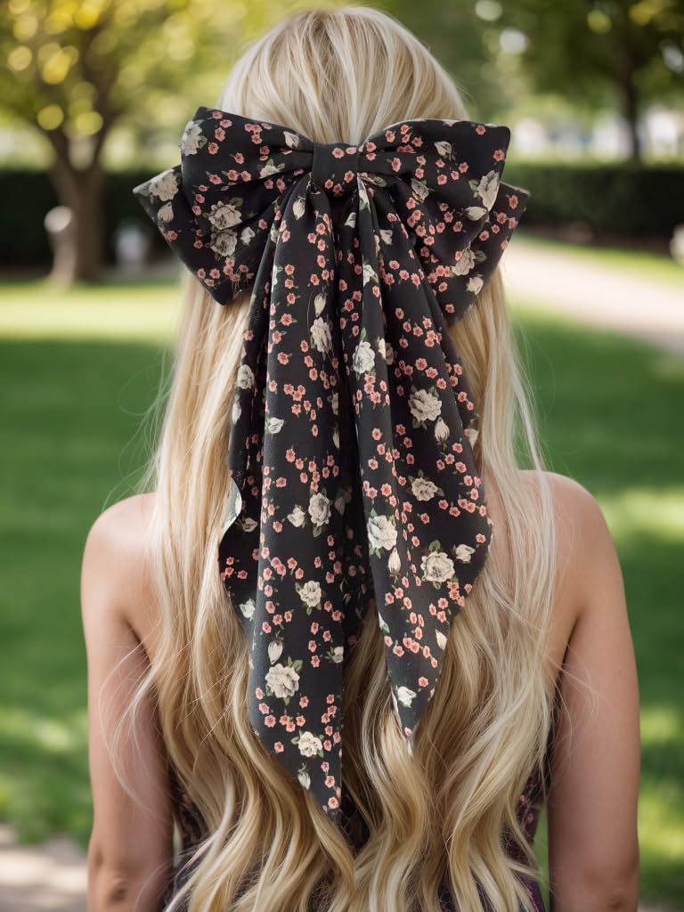 LFOUVRE Black Bow Clip 3pcs, Floral Hair Bow Clips for Girls with Tail, Big Hair Bows for Women, Bows for Girl Bowknot Barrettes, Hair Accessories