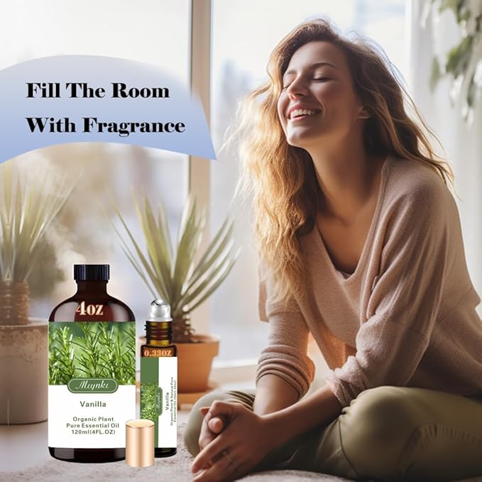 4 Fl Oz/120 ml Vanilla Essential Oil, Send Gift Roll-on (10 ml) - 100% Natural, Aromatherapy, Diffuser, Massage, Yoga, DIY Soap and Candle Making, Fragrance Oils, Spa Skin Care