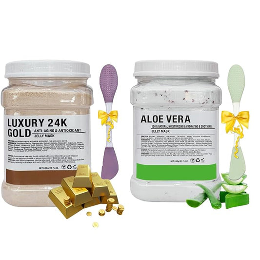 Jelly Mask Powder for Facials,Aloe Vera Jelly Masks For Facials Professional, 24K Gold Jelly Face Mask,Face Masks with Double-ended Silicone Brush, 23 Fl Oz