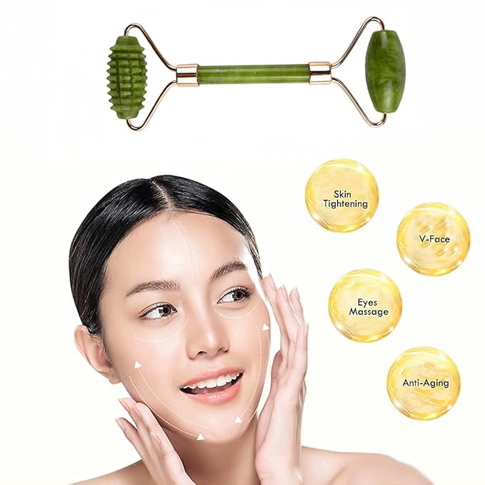 Jade Rollers for Face Beauty and Eyes Massage - Facial Massager for Anti Aging Wrinkles and Skin Rejuvenate - Natural Jade Crystal Derma Roller for Puffiness and Lift - Spiky Roller