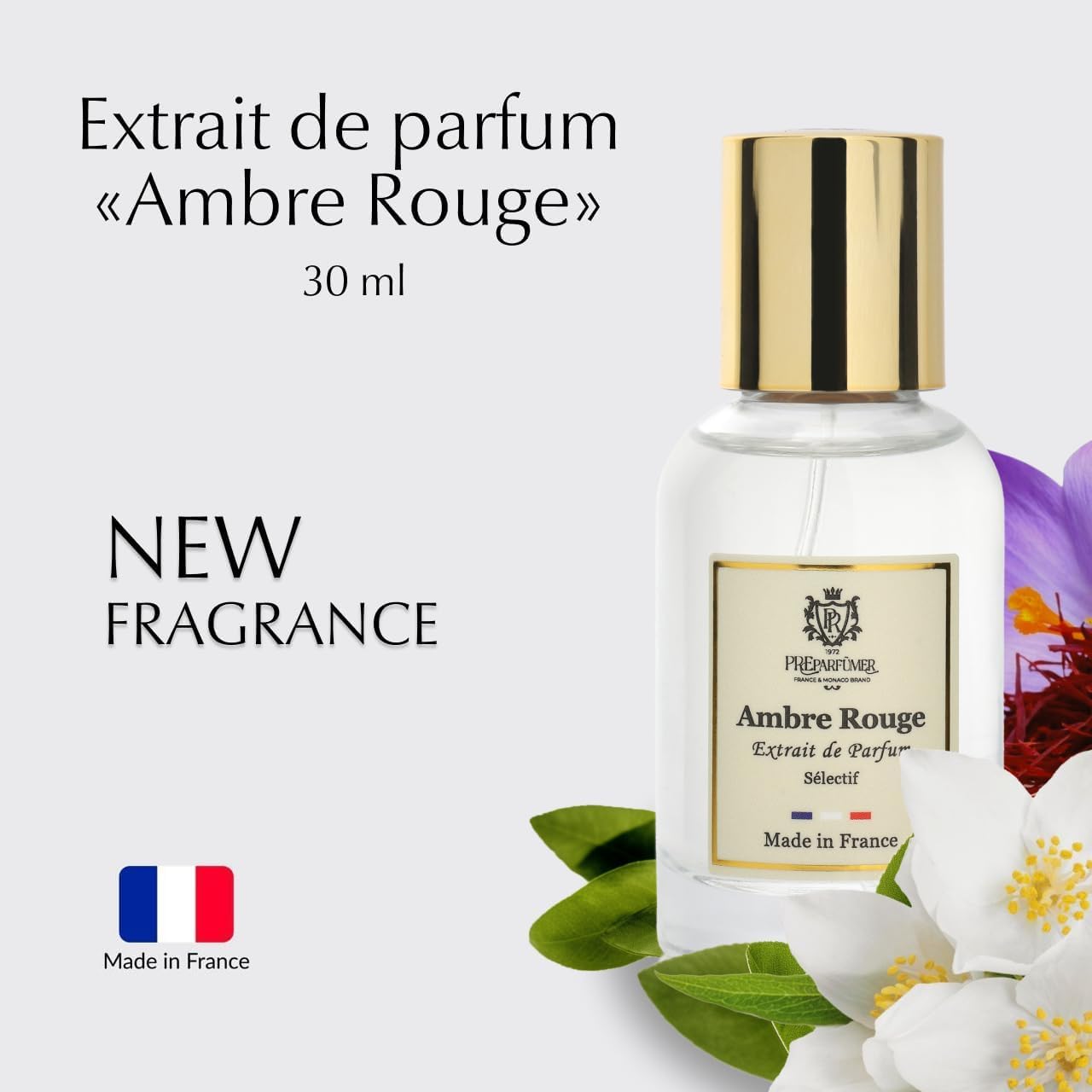PREparfume From France Ambre Rouge 30ml – Warm Oriental Floral Scent From France – Luxury Fragrance with Saffron, Jasmine – Long Lasting Perfume With Amber and Oud Notes
