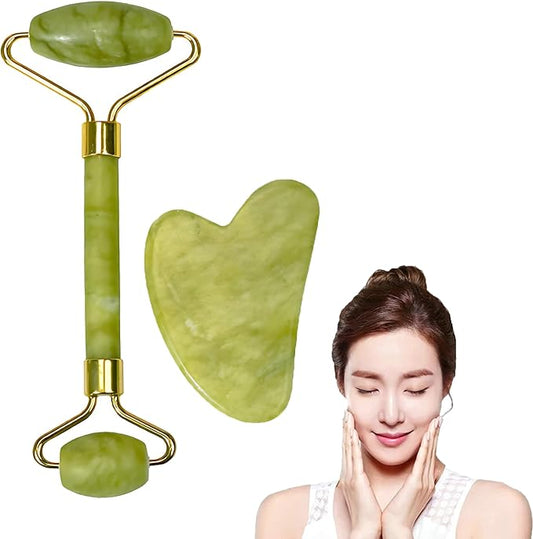 Jade Roller and Gua Sha Stone Set - Therapeutic Frozen Facial Massager for Beauty - Homemade Cold depuff Face Roller for Women (Green/2Pcs)