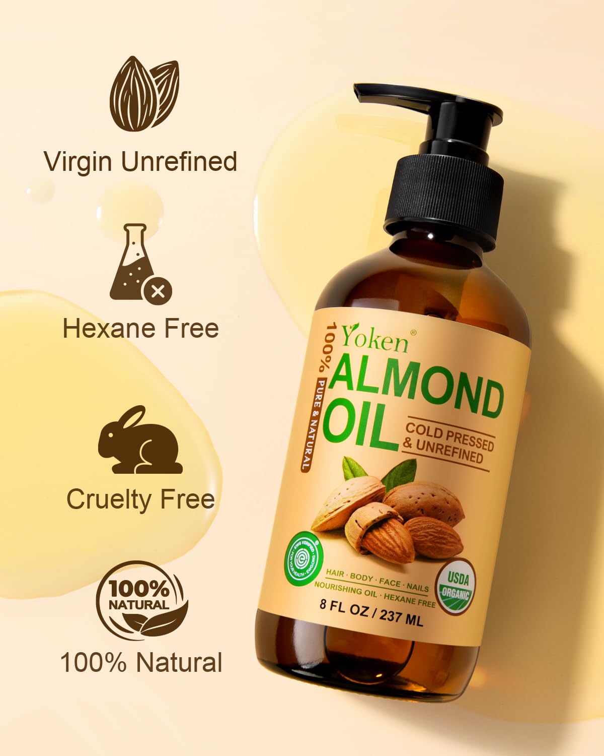 Organic Almond Oil 8 fl oz, USDA 100% Pure Natural Cold Pressed Almond Oils in Glass Bottle, Moisturizing Carrier Oil for Face, Hair & Body - Ideal for Skin Care, Soothing Massage & DIY Beauty