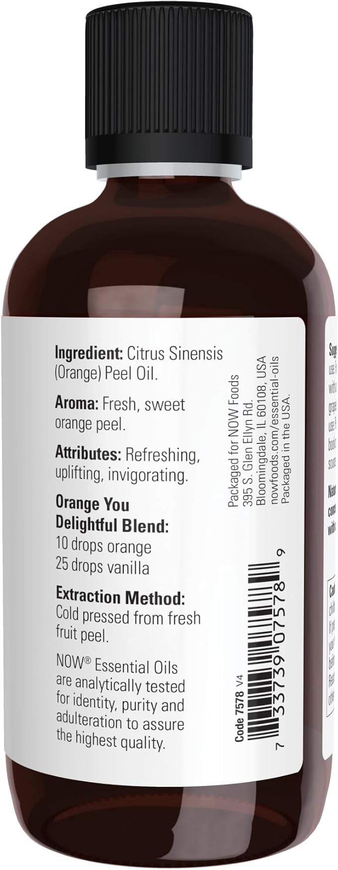 NOW Essential Oils, Orange Oil, Uplifting Aromatherapy Scent, Cold Pressed, 100% Pure, Vegan, Child Resistant Cap, 4-Ounce