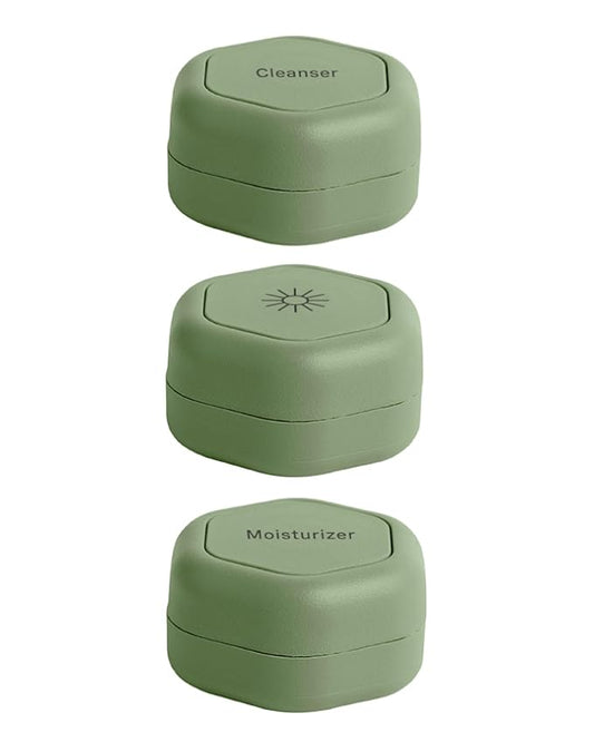 Cadence Travel Containers - Basic Skincare Set - Magnetic Travel Capsules - Facial Cleanser, Moisturizer, Sunscreen - 3 Small Capsules (0.56oz) with Cleanser, Moisturizer & Sun-Icon Label - Eucalyptus