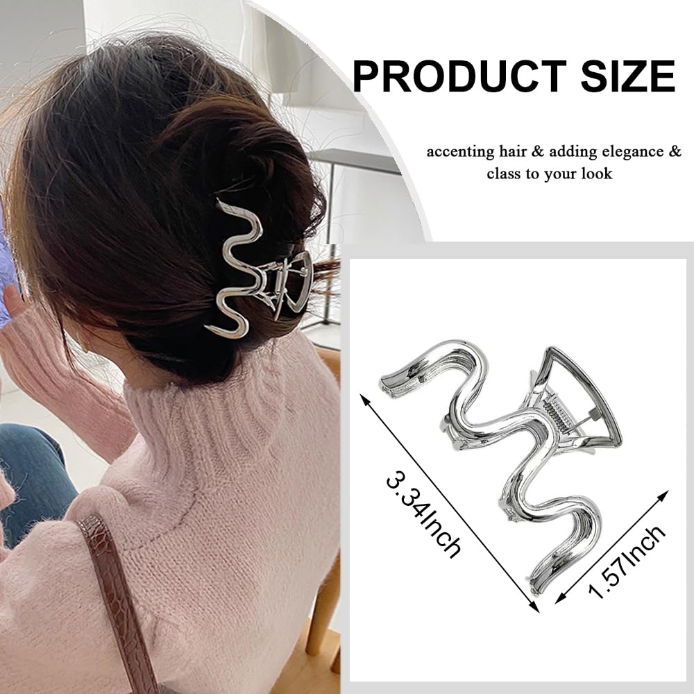Metal Hair Claw Clips - Silver Small Wave Design Grip Clips for Thick Hair, Girls and Women, No Slip Summer Hair Accessories, 1 Pack