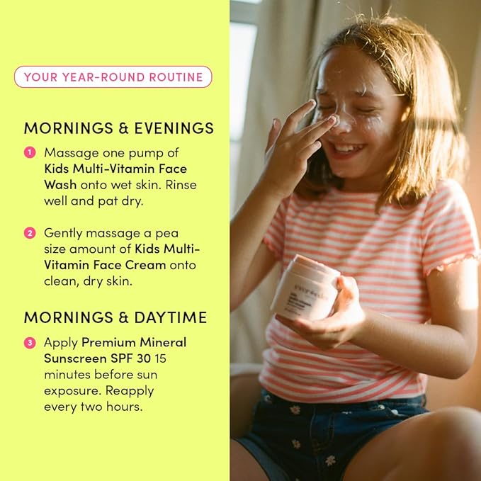 Evereden Kids Daily 1-2-3 Routine Bundle: Clean & Vegan Skin Care Set - Hydrating & Nourishing Tween Skincare Set with Multi-Vitamin Face Wash, Face Cream, Lotion, & SPF 30 Mineral Sunscreen (Melon)