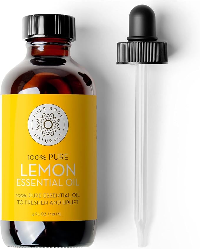 Pure Body Naturals Lemon Essential Oil, 4 fl oz - 100% Pure & Undiluted Lemon Oil for Diffuser and DIY - Natural Deodorizer, Laundry Freshener, Household Cleaner and Degreaser