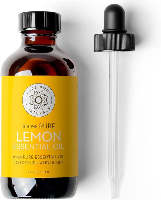 Pure Body Naturals Lemon Essential Oil, 4 fl oz - 100% Pure & Undiluted Lemon Oil for Diffuser and DIY - Natural Deodorizer, Laundry Freshener, Household Cleaner and Degreaser