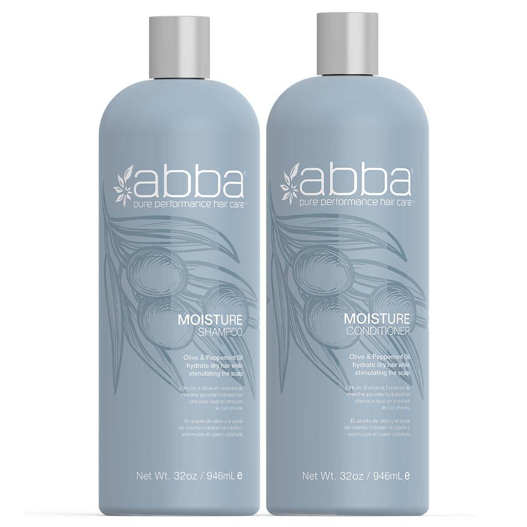 ABBA - Pure Moisture Shampoo & Conditioner Duo - Eliminates Frizz Cleanses, Hydrates & Strengthens Hair- Olive Butter & Peppermint Oil, 32 fl oz Each