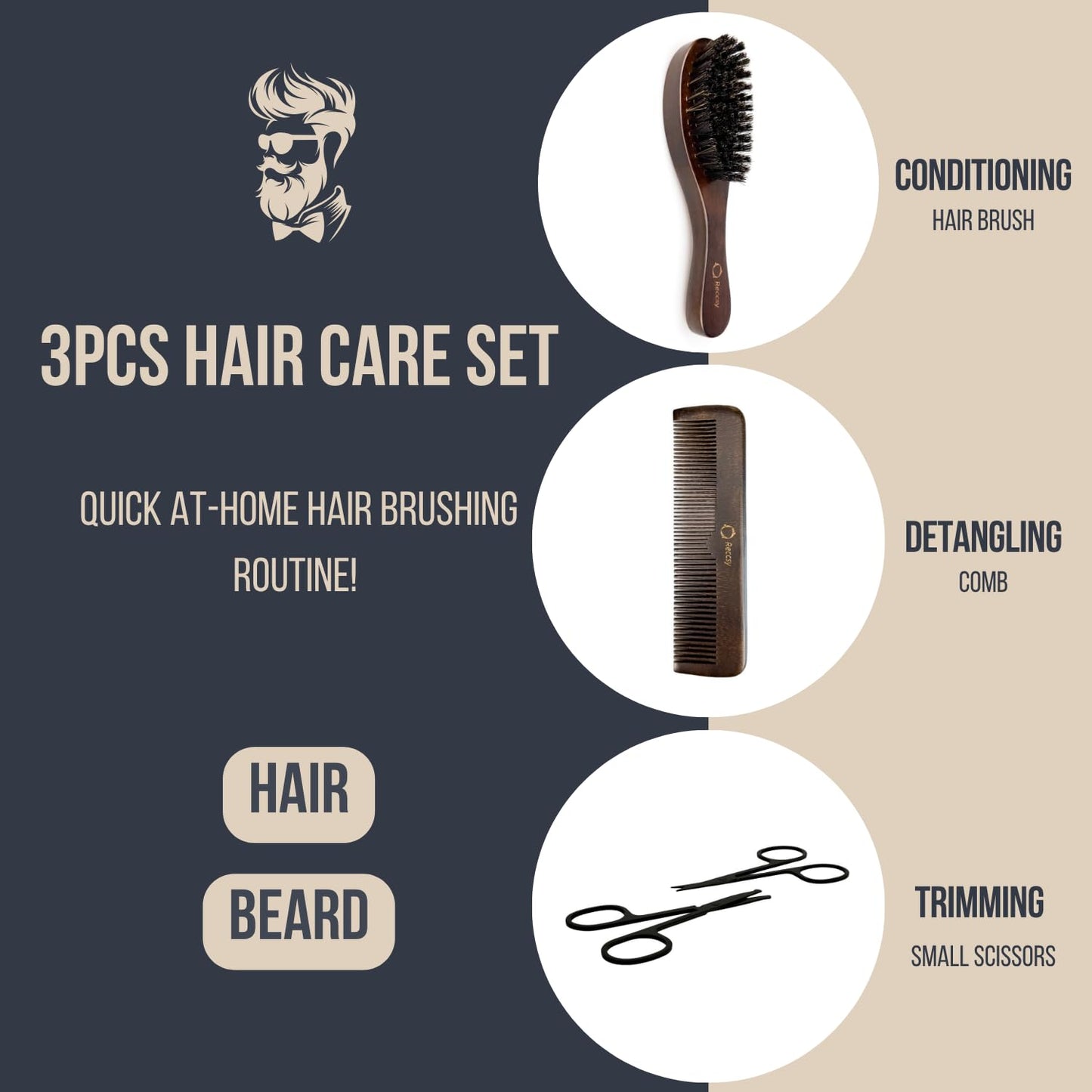 Hair Brush And Comb Set For Men-Boar Bristle Hair Brush,Beard & Wave Brush,Fine Tooth and Wide Tooth Wooden Beard Comb,Facial Grooming Scissors for Eyebrow, Nose Hair, Mustache