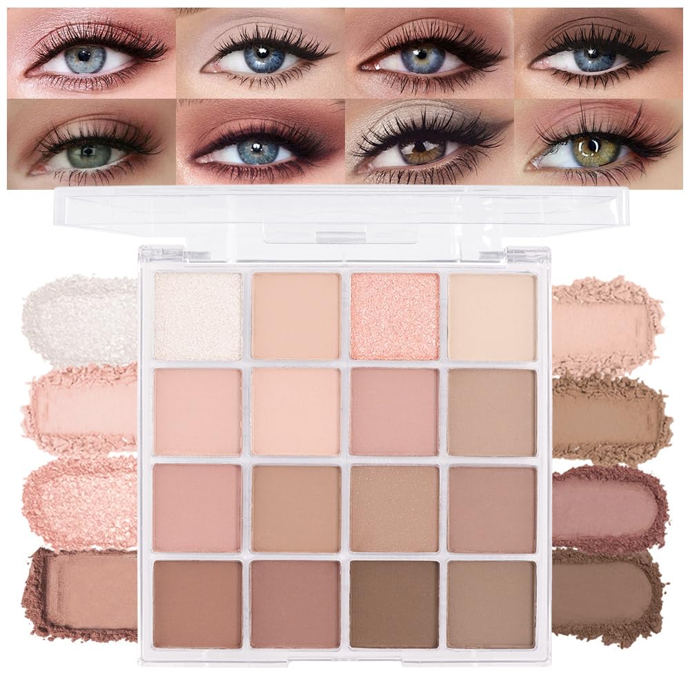 16Color Matte Shimmer Eyeshadow Palette, Natural Nude Dark Brown Champagne Gold Coffee Sparkly Eye Shadow Makeup, Warm Pastel Eyeshadows Long Lasting Waterproof Naturing-Looking Women Girls Eye Shadow