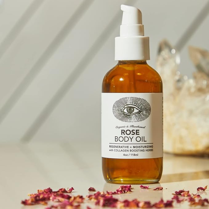 Anima Mundi Apothecary Rose Body Oil - Botanically Dense Adaptogenic Collagen Formula - Made with Organic Moringa & Jojoba Oil for Skin Rejuvenation - Rose Scented & Hydrating (4oz / 118ml)