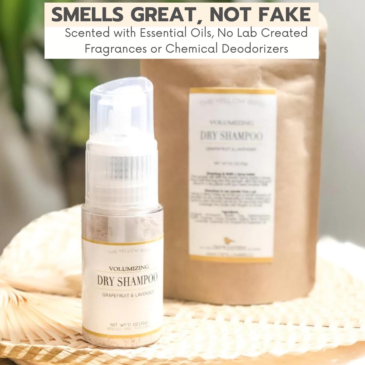 Yellow Bird All Natural Dry Shampoo Powder Eco Friendly Refill Packet - Aerosol Free, Talc Free, Volumizing Powder for Light & Dark Hair.