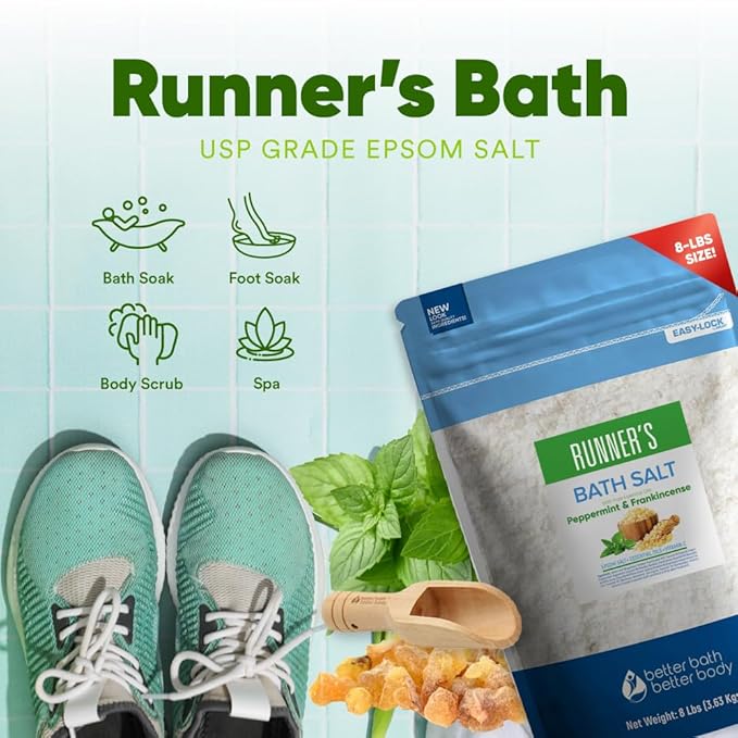 Runner's Bath Salt 128 Ounces (8 Lbs) Soothing Epsom Salt Bath Soaks with Natural Peppermint and Frankincense Essential Oils Plus Vitamin C in BPA Free Pouch with Easy Press Lock Seal Made in USA