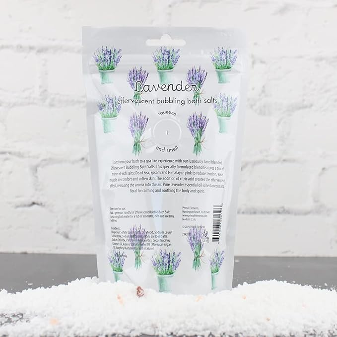 Primal Elements Detoxifying Sea Salt Soak, Bubbling Aromatherapy Salts with Essential Oils, Lavender, 12 oz Resealable Bag