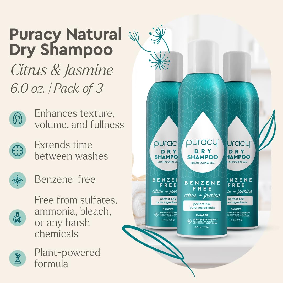 Puracy Natural Dry Shampoo For Women - Plant-Powered Cleansing Volumizing Revitalizing Dry Shampoo As Seen on TikTok, Benzene-Free, Non-Toxic, Oil Absorbing for All Hair Types (Citrus & Jasmine, 18oz)