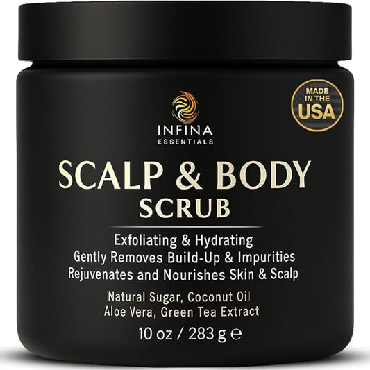 Scalp and Body Scrub – Exfoliating Sugar Cleanser with Coconut Oil, Menthol & Aloe – Dual-Use Polisher for Dry Skin & Flaky Scalp – Soothing, Cooling & Hydrating - INFINA ESSENTIALS | 8.45 fl oz
