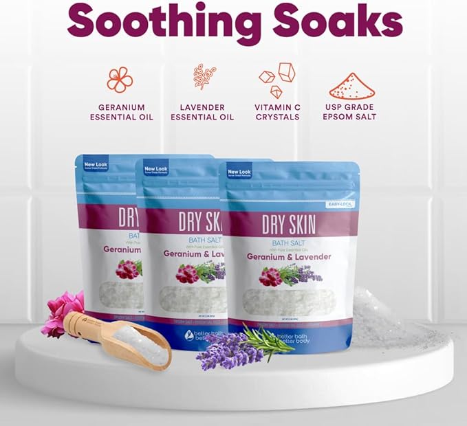 Dry Skin Bath Salt (3 Pack with Scoop) Skin Soothing Epsom Salt with Pure Essential Oils in BPA Free Pouch with Press Lock Seal Made in USA Three 2 Lbs Pouches 6 Lbs Total
