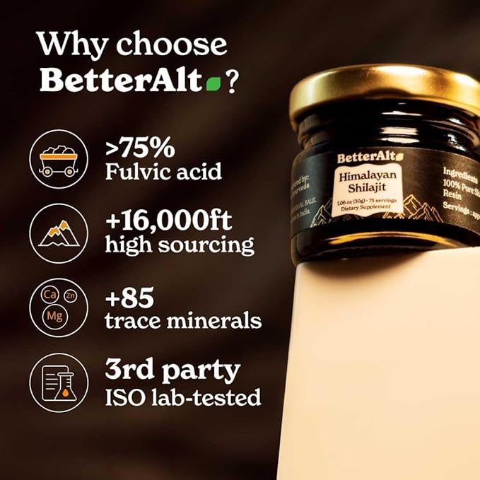 BetterAlt Pure Himalayan Shilajit Resin High Potency for Men & Women| 75 Servings for Energy Boost & Immune Support, 85+ Trace Minerals, 75%+ Fulvic Acid, with Lab Test Report,400mg