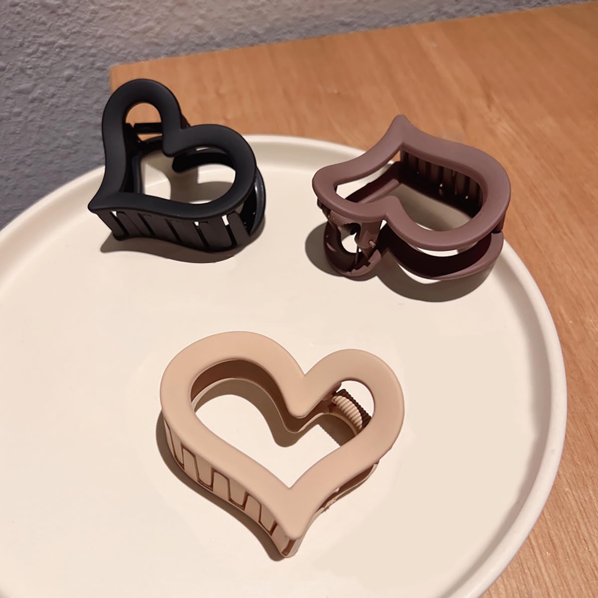 3Pcs Cute Medium Matte Acrylic Hair Claw Clips - Love Heart Jaw Clips for Women, Valentine's Day Party Hair Styling Accessories (Black, Coffee, Brown)