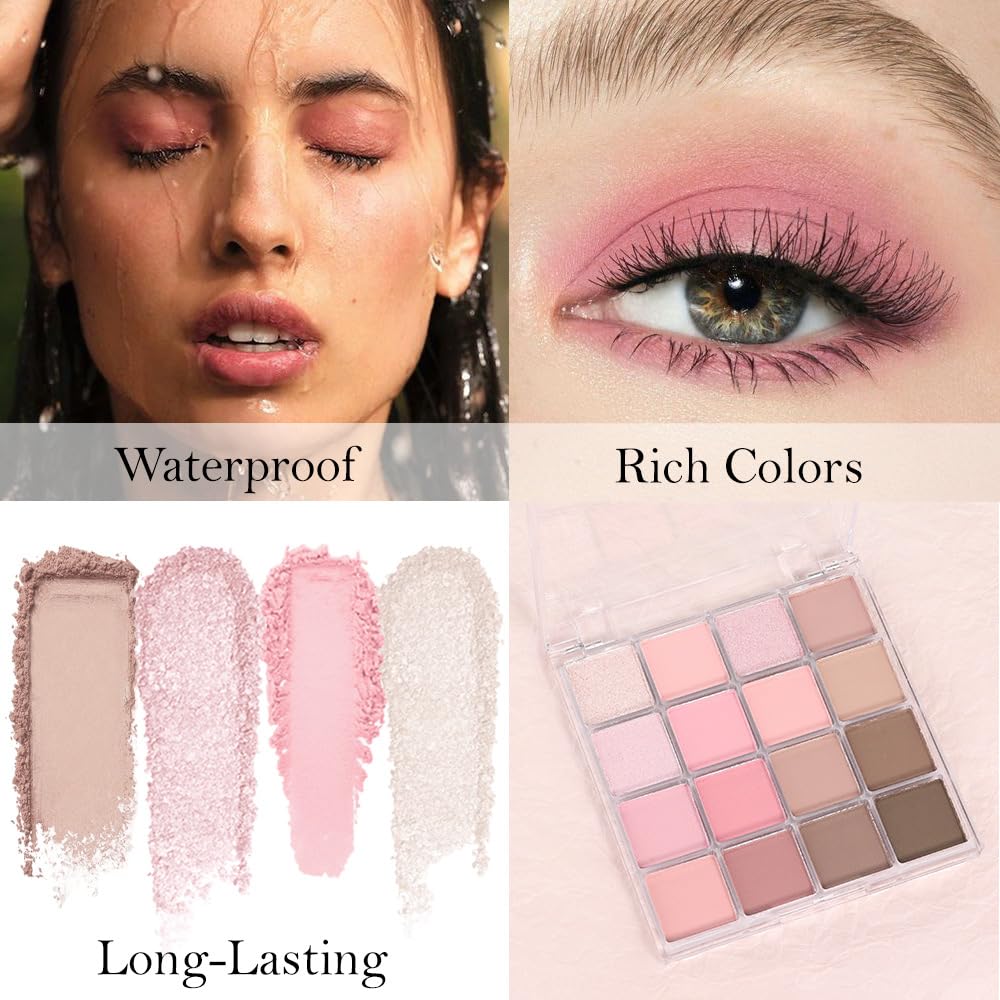 16Color Matte Shimmer Eyeshadow Palette, Nude Brown Rose Gold Coffee White Pink Red Sparkly Eye Shadow Makeup, Warm Pastel Eyeshadows Long Lasting Waterproof Naturing-Looking Women Girls Eye Shadow