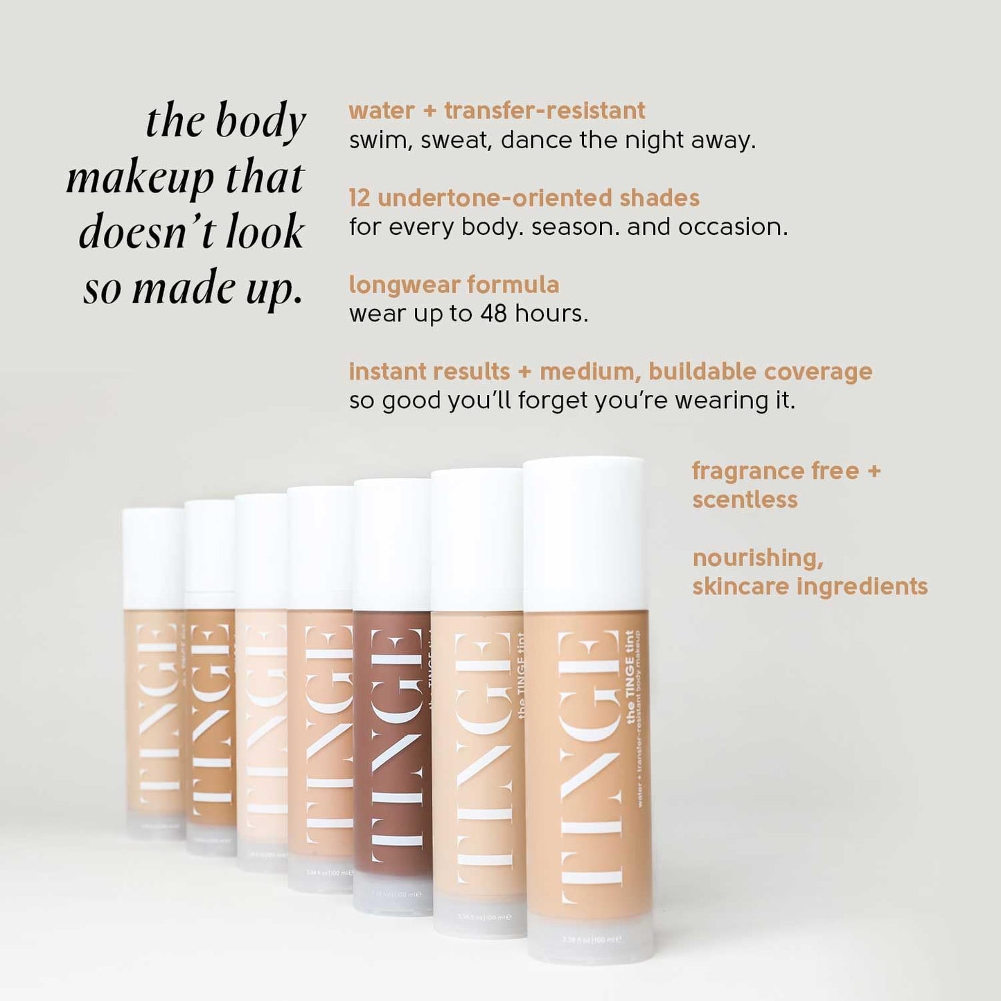 Tinge Tint Body Makeup, Lasts Up to 48 Hours, Medium Coverage Cream With Amino Acids, Hyaluronic Acid & Lysine, Semi Matte Finish, Water & Transfer Resistant, 3.38 Fl Oz - Deep Neutral