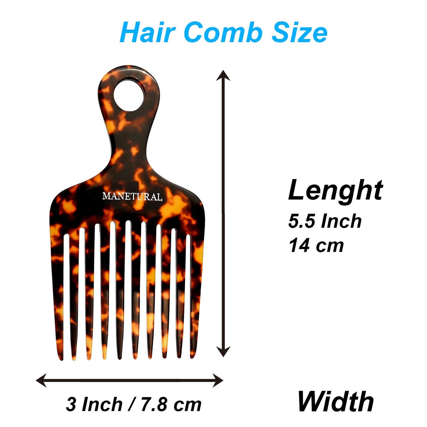 14MX Hair Pick for Women, Wide Tooth Afro Comb for Curly Hair, Cellulose Acetate, 5.5 inches(14 cm), Tortoise, 1 PACK