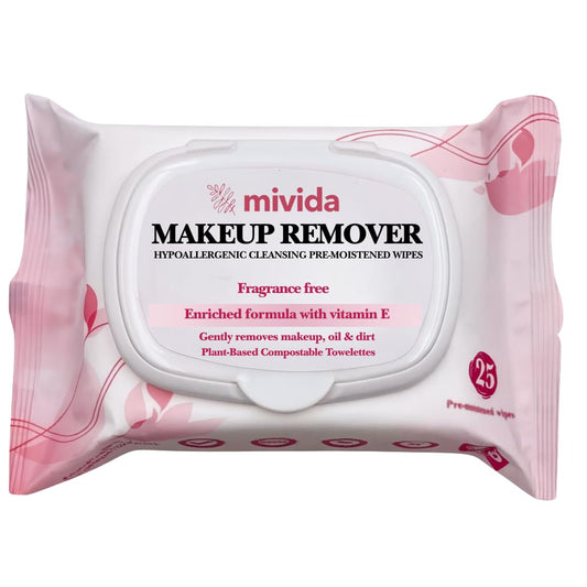 mivida Hypoallergenic Makeup Remover Wipes | Fragrance-Free with Vitamin E | Plant Based Facial Cleansing Make up Remover Face Wipes | Gentle on Sensitive Skin, 25 Count