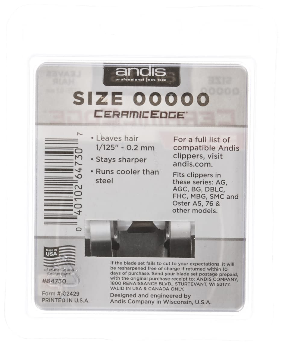 Andis 64730 CeramicEdge Carbon-Infused Steel Detachable Clipper Blade, Size 00000, /25-Inch Cut Length, Chrome, 1 Count