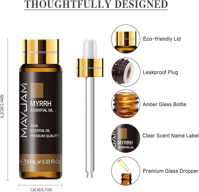 Myrrh Essential Oil, MAYJAM 10ML/0.33FL.OZ Premium Myrrh Oils for Soap Candle Making, Diffuser, Bedroom, Living Room, Office