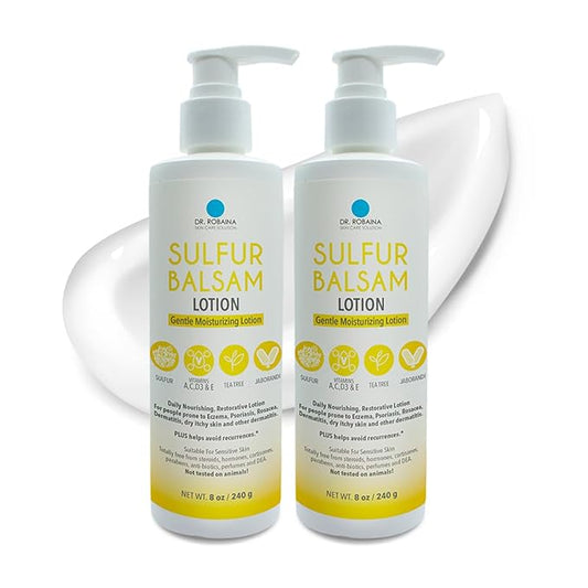 Dr. Robaina Sulfur Balsam Lotion – Daily Moisturizing Lotion for Eczema and Psoriasis Relief – Soothes Redness, Hydrates Sensitive Skin – Natural Ingredients – Made in the USA (Pack of 2)