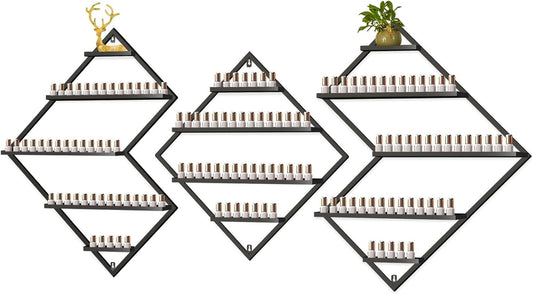 EBANKU Metal Wall Mounted Nail Polish Storage Racks, Black Display Rack Cosmetic Display Case Lipstick Wall Shelf Essential Oil Organizer for Bottles Spa Nail Salon (Irregular Rhomboid)