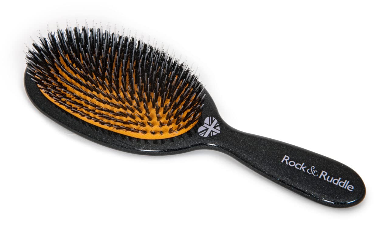 Rock & Ruddle Natural Mixed Boar Bristle Hair Brush for Women and Kids (Large 21 cm) - Perfect for Wet or Dry Hair, Detangling Smoothing Blowdrying - Designed & Made in UK - Black Stardust Design