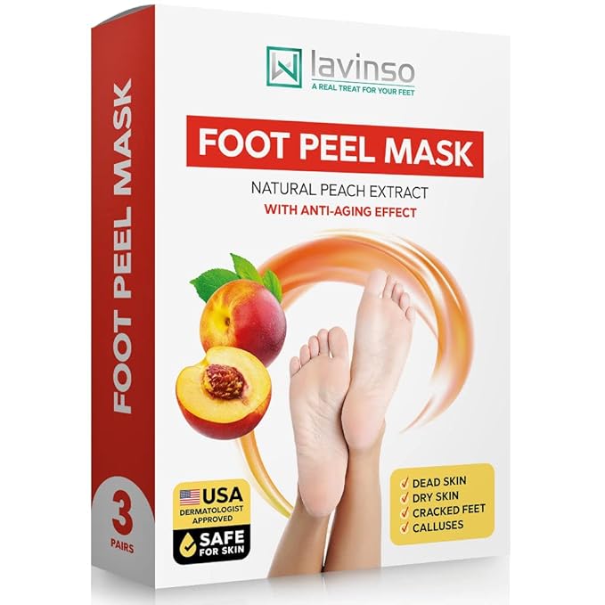 Lavinso Peach Foot Peel Mask for Dry Cracked Feet - 3 Pack - Dead Skin Remover Foot Mask for Cracked Feet and Callus - Exfoliating Feet Peeling Mask for Soft Baby Feet