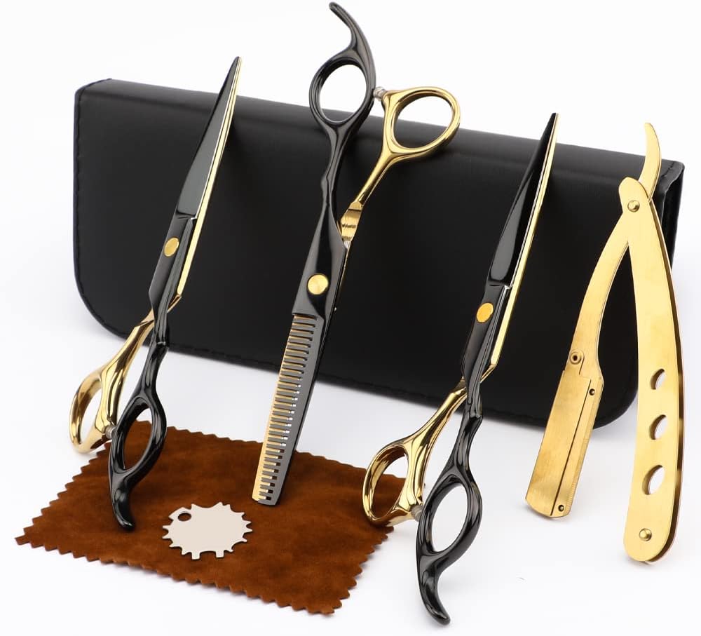 Professional Black Gold Hairdressing Scissors Stainless Steel Barber Hair Cutting Sets Salon Multifunctional Straight Shears Teeth Scissors Thinning Shears Tools for Mother Father's Gift
