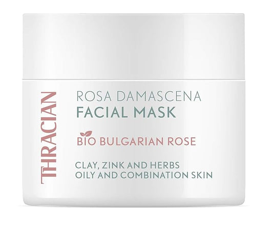 Thracian Bio Rosa Damascena Facial Mask, Natural Gentle Cleansing Clay Mask with Zinc and Bio Bulgarian Rose Water for Blackheads, Acne, Large Pores, Oily Skin, 100 ml, 3.4 Fl Oz