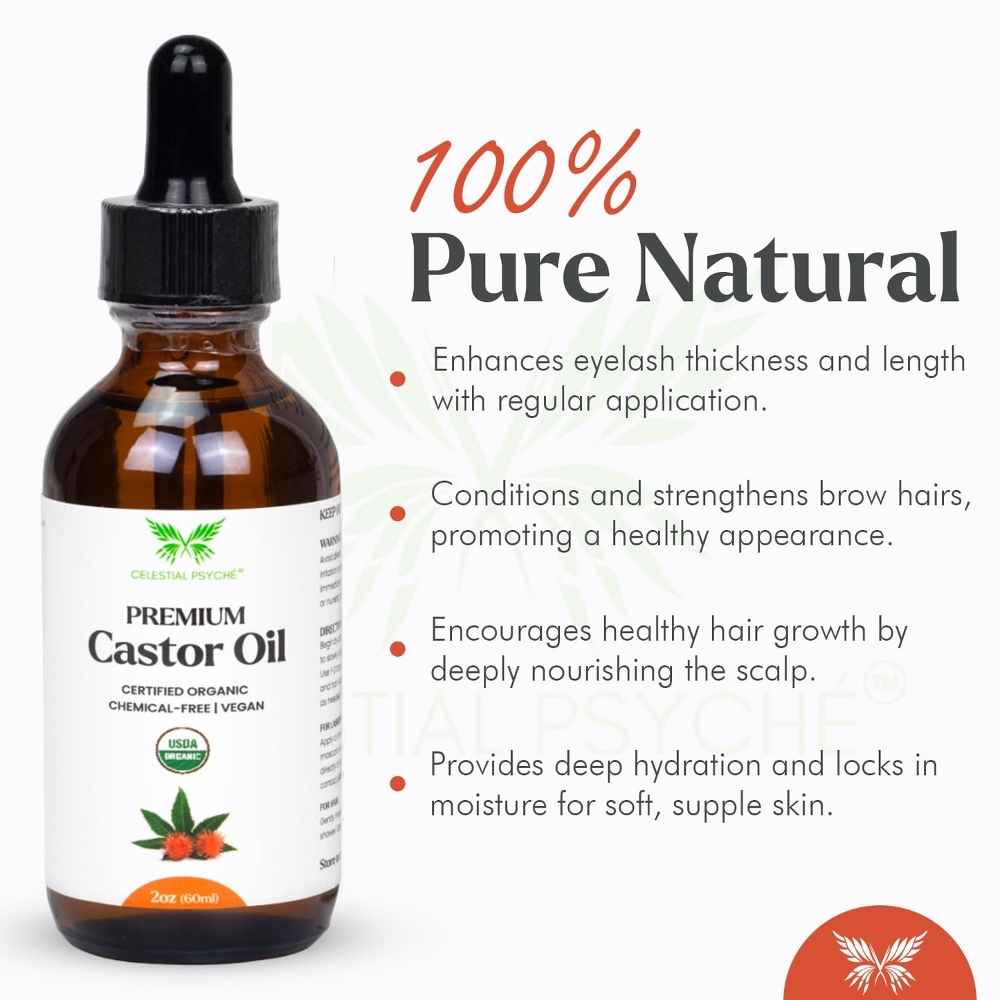 USDA Certified Organic Castor Oil (2 Oz with Essential Bundle - Eyebrow Kit) 100% Pure Natural, Chemical-Free, Hexane-Free, Promote Lash, Brow, and Hair Growth, Skin Hydration