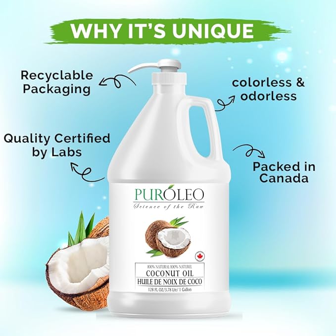 PUROLEO Fractionated Coconut Oil 128 Fl Oz/3784 ML (Packed In Canada) 100% Natural and odorless Moisturizer & Carrier Oil l Hair Skin Body, Aromatherapy, Massage, Makeup Remover